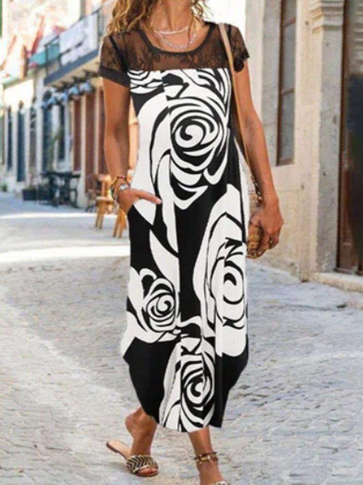 Printed Crew Neck Lace Panel Dress