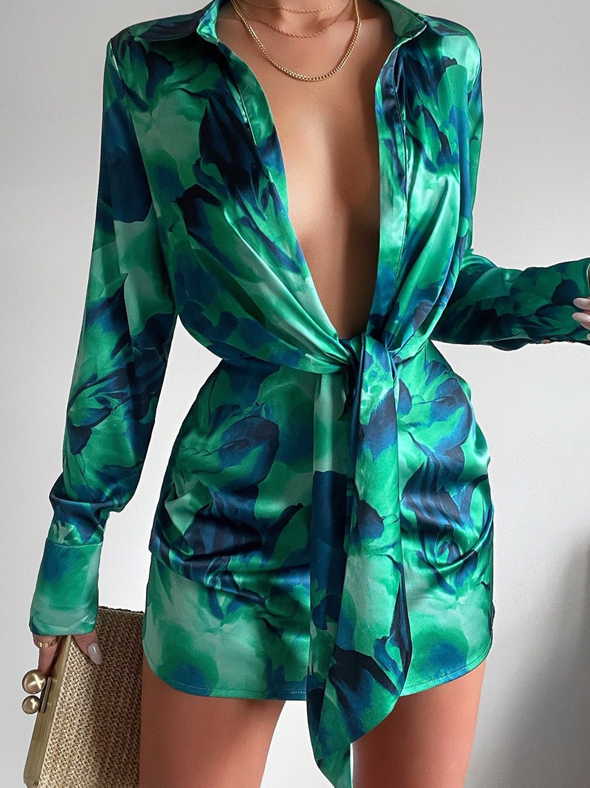 Printed Deep V-Neck Belted Long Sleeve Dress