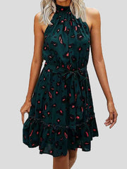 Printed Halter Belted Off-Shoulder Dress