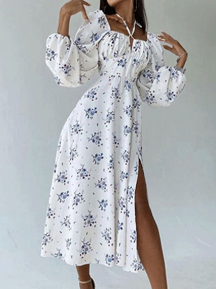 Printed Halter Neck Bubble Long Sleeve Split Dress