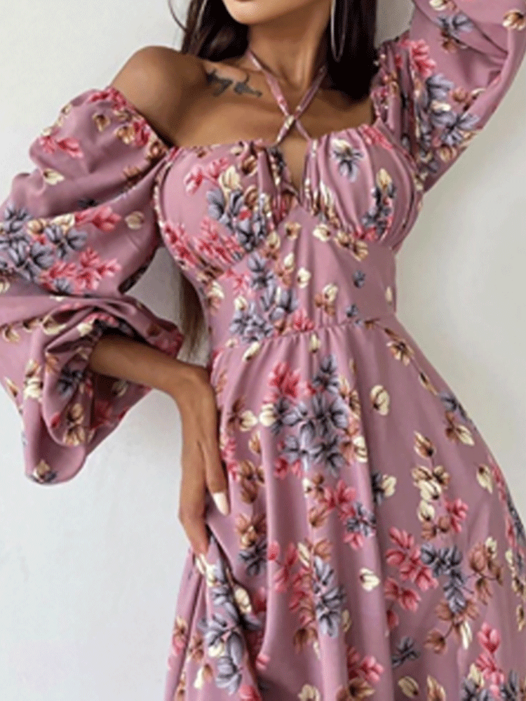 Printed Halter Neck Bubble Long Sleeve Split Dress