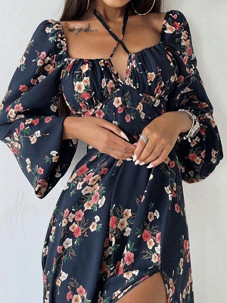 Vestido estampado con cuello halter y mangas largas abullonadas