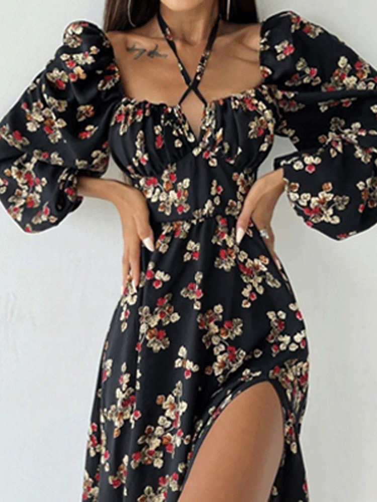 Vestido estampado con cuello halter y mangas largas abullonadas