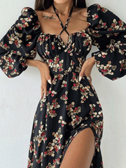 Printed Halter Neck Bubble Long Sleeve Split Dress