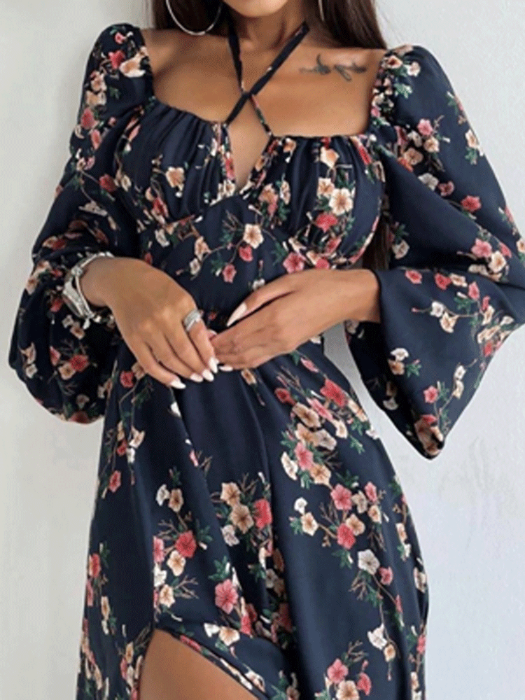 Vestido estampado con cuello halter y mangas largas abullonadas