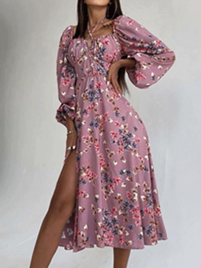 Printed Halter Neck Bubble Long Sleeve Split Dress