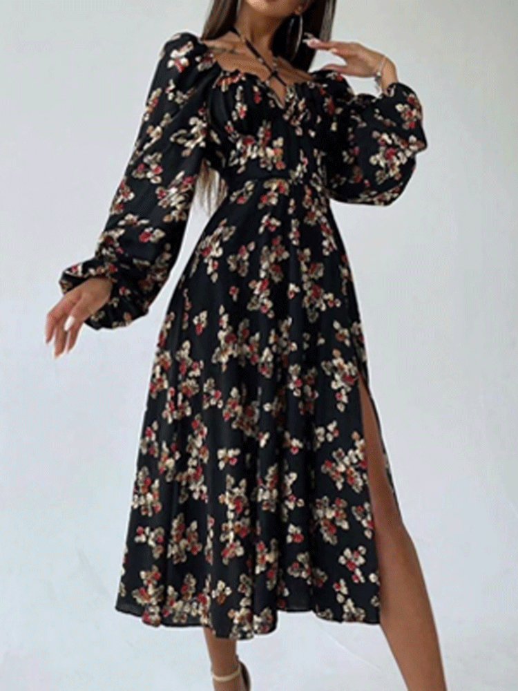 Printed Halter Neck Bubble Long Sleeve Split Dress