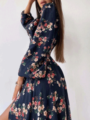 Printed Halter Neck Bubble Long Sleeve Split Dress