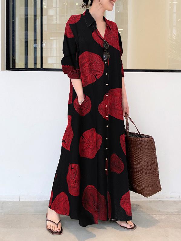Printed Lapel Long Sleeve Pocket Shirt Dress
