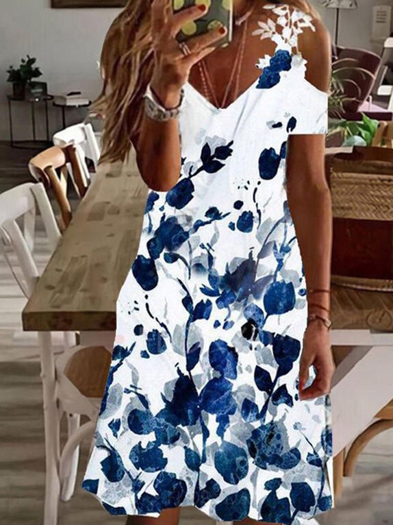 Printed Off-Shoulder Lace Short Sleeve Dress