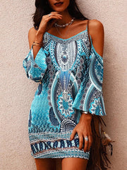 Printed Round Neck Hollow Off-The-Shoulder Strap Dress