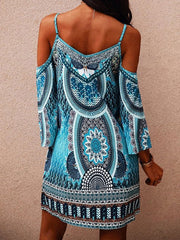 Printed Round Neck Hollow Off-The-Shoulder Strap Dress