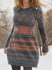 Printed Round Neck Pullover Long Sleeve Dress