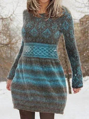 Printed Round Neck Pullover Long Sleeve Dress