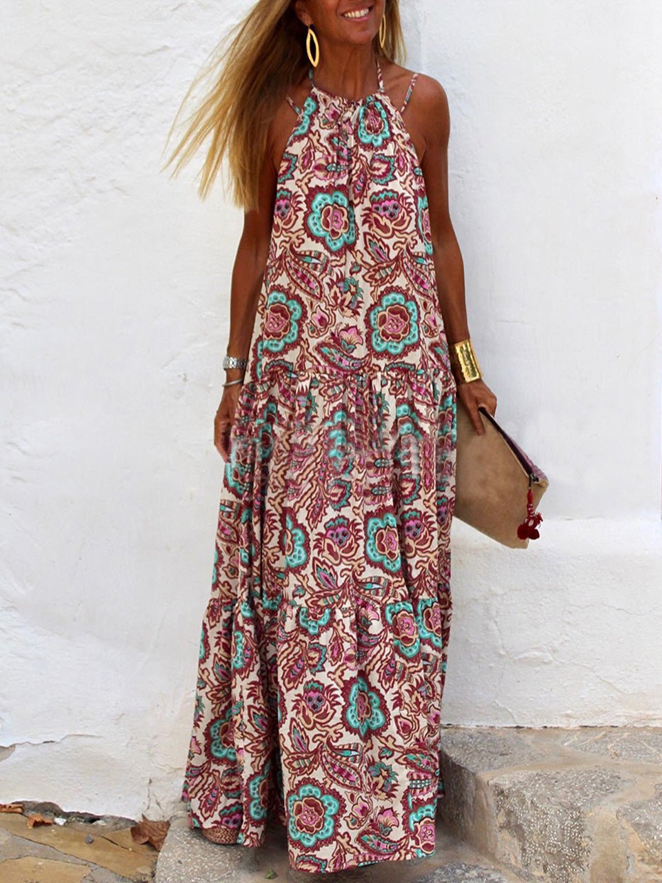 Printed Sleeveless Sling V-Neck Swing Dress