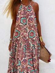 Printed Sleeveless Sling V-Neck Swing Dress