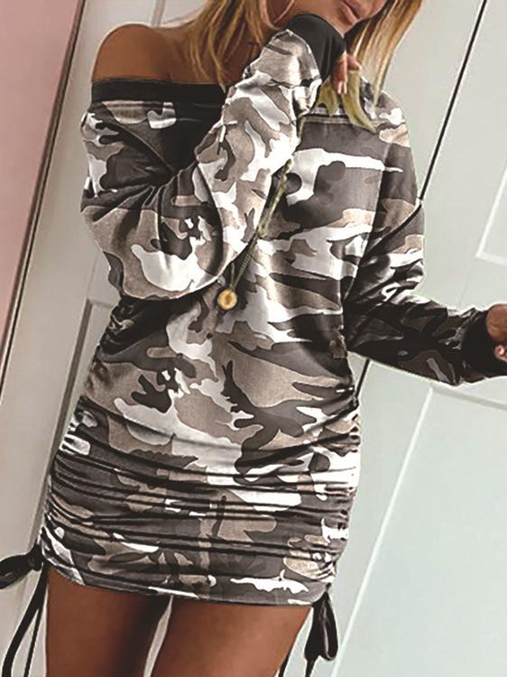 Printed Sloping Shoulder Long Sleeve Drawstring Dress