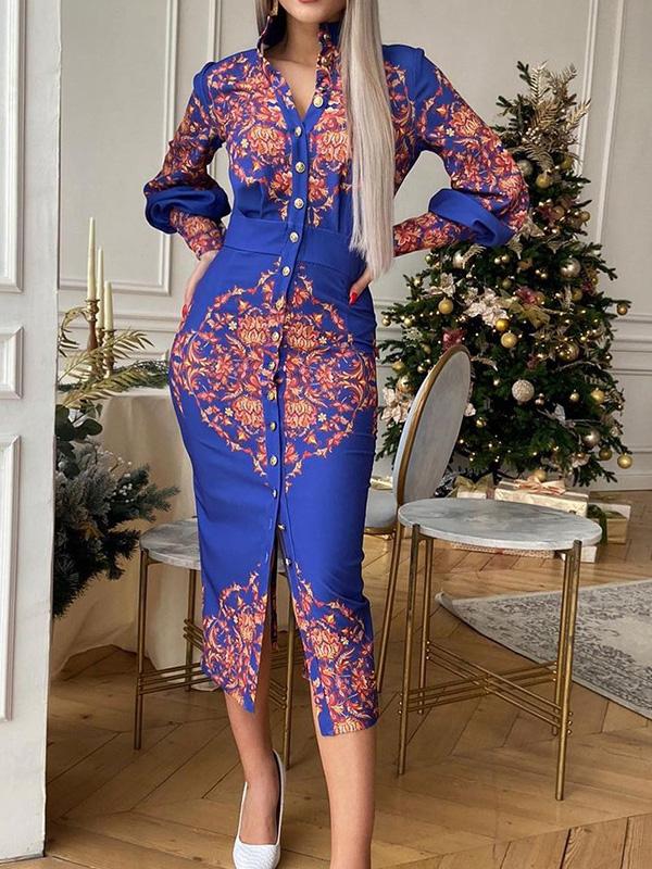 Printed Stand Collar Long Sleeve Shirt Dress