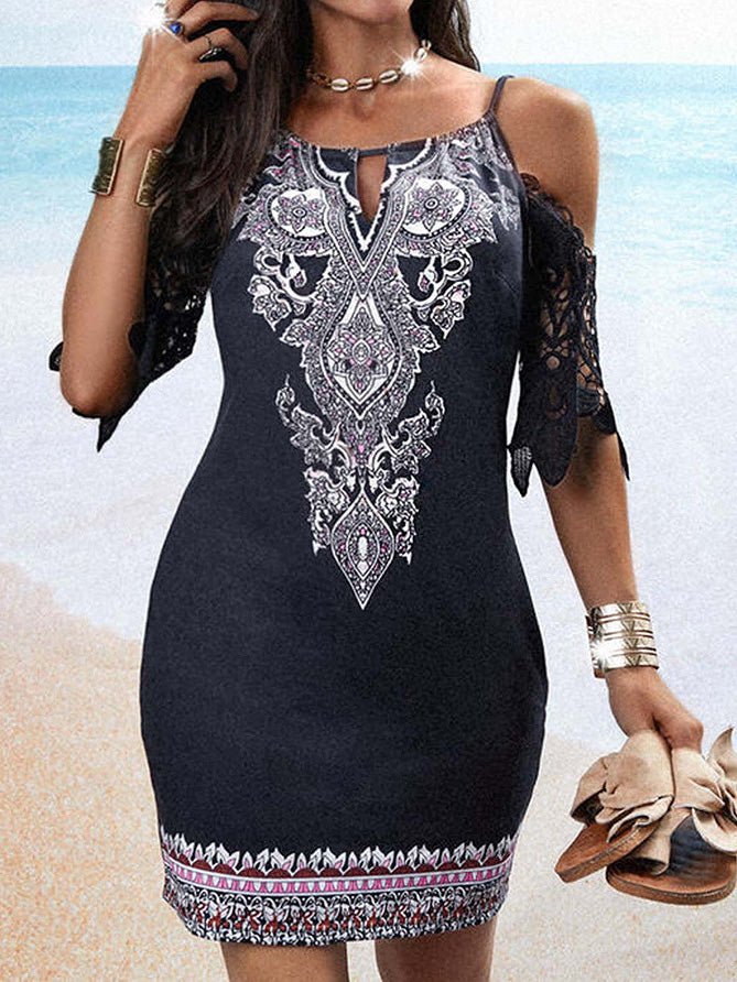 Printed Strap Off Shoulder Lace Sleeve Casual Dress