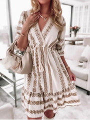 Printed V-Neck Belted Mid-Sleeve Dress