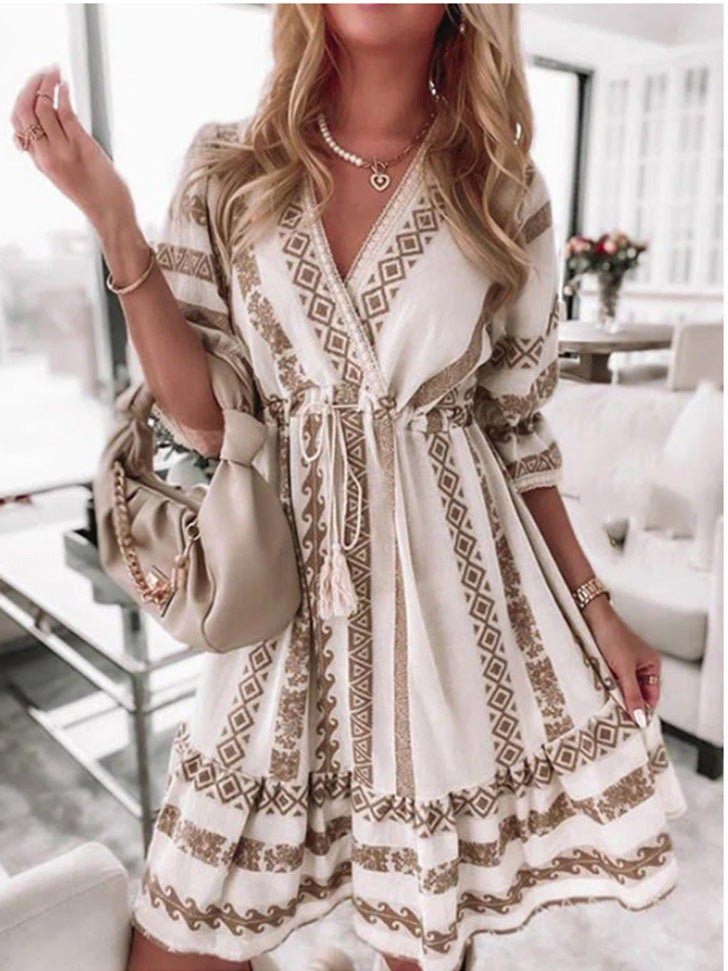 Printed V-Neck Belted Mid-Sleeve Dress