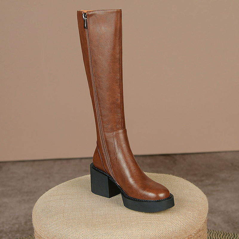 Nyomi Brown Block Heel Knee High Boots