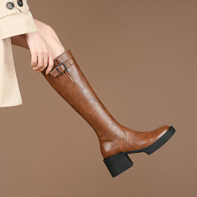 Nyomi Brown Block Heel Knee High Boots