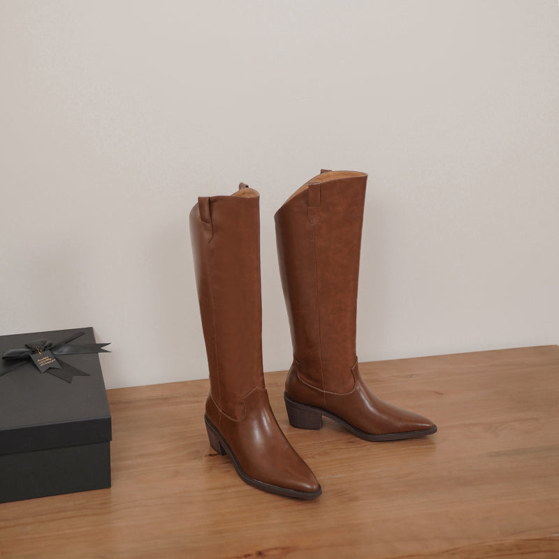 Nayla Brown Block Heel Knee High Boots