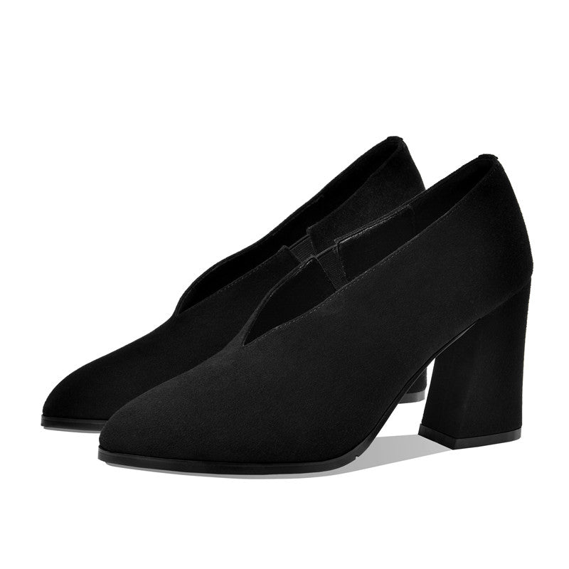 Rachael V Cut High Chunky Heel Pumps