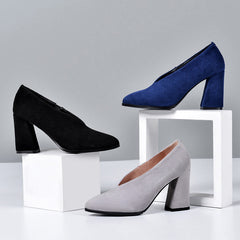 Rachael V Cut High Chunky Heel Pumps