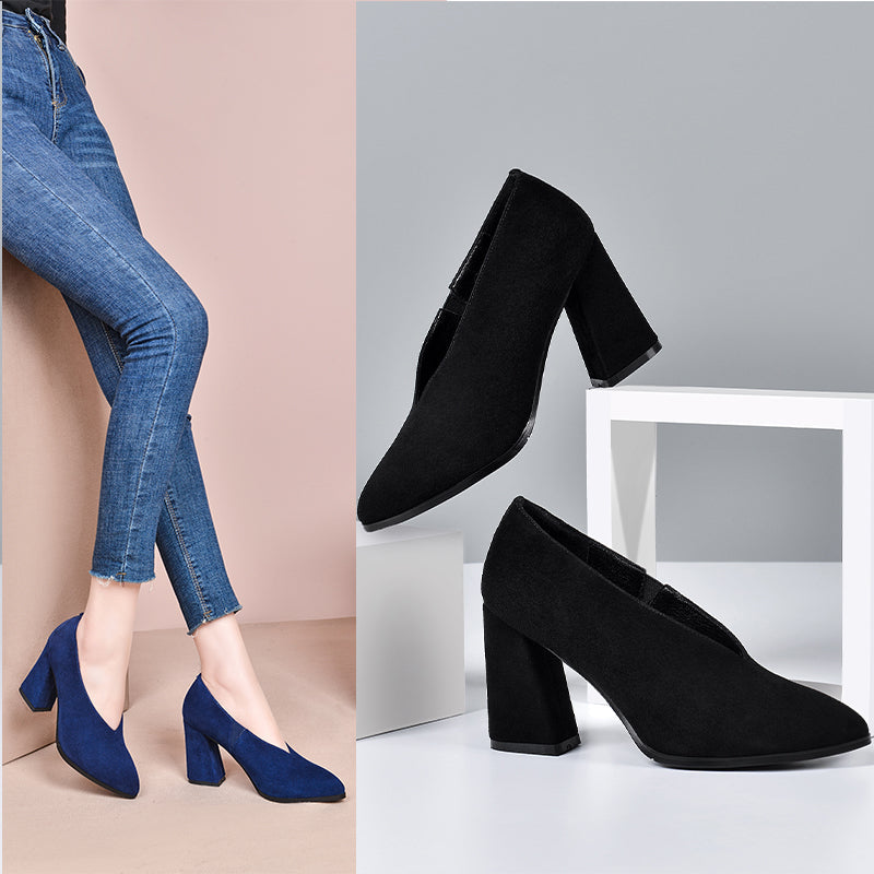 Rachael V Cut High Chunky Heel Pumps