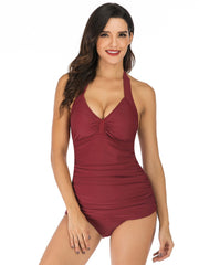Sexy Solid Color Neckline Pleated Swimsuit