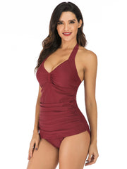 Sexy Solid Color Neckline Pleated Swimsuit