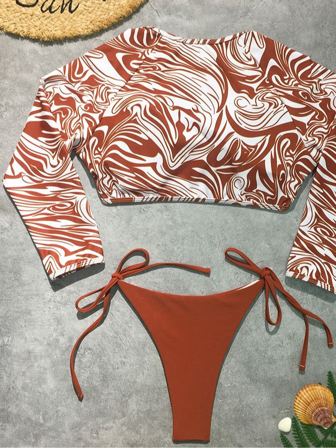 Long Sleeve Print Lace-up Bikini Swimsuit