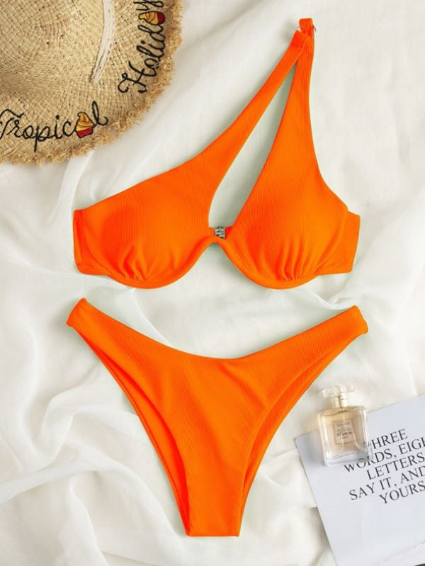 Sexy Bikini-Badeanzug in Volltonfarbe mit One-Shoulder-Träger 