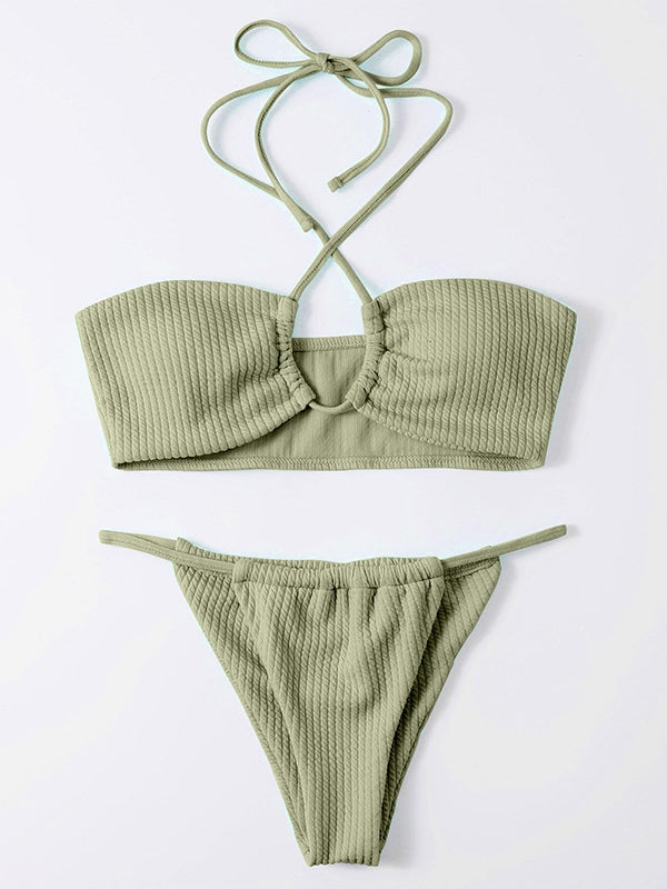 Sexy Solid Color Pit Stripe Neckline Bikini Swimsuit