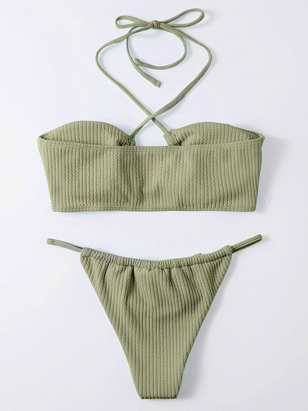 Sexy Solid Color Pit Stripe Neckline Bikini Swimsuit