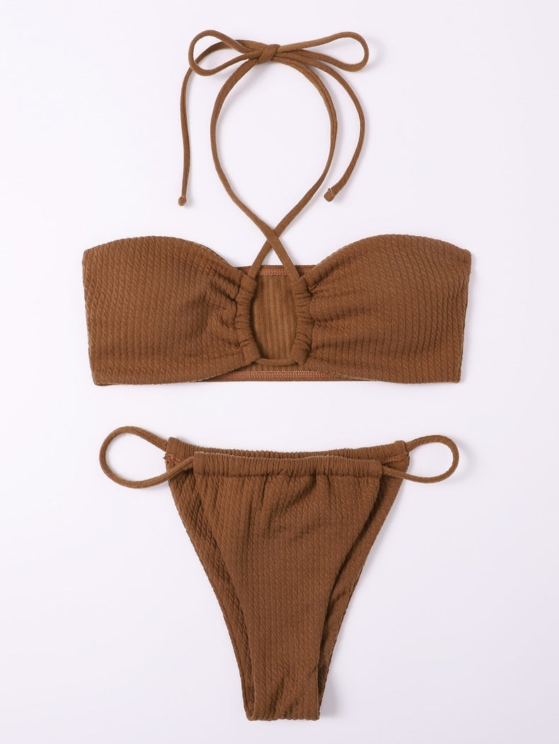 Sexy Solid Color Pit Stripe Neckline Bikini Swimsuit