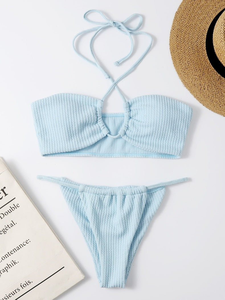 Sexy Solid Color Pit Stripe Neckline Bikini Swimsuit