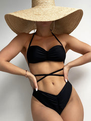 Sexy Solid Color Necktie Bikini Swimsuit