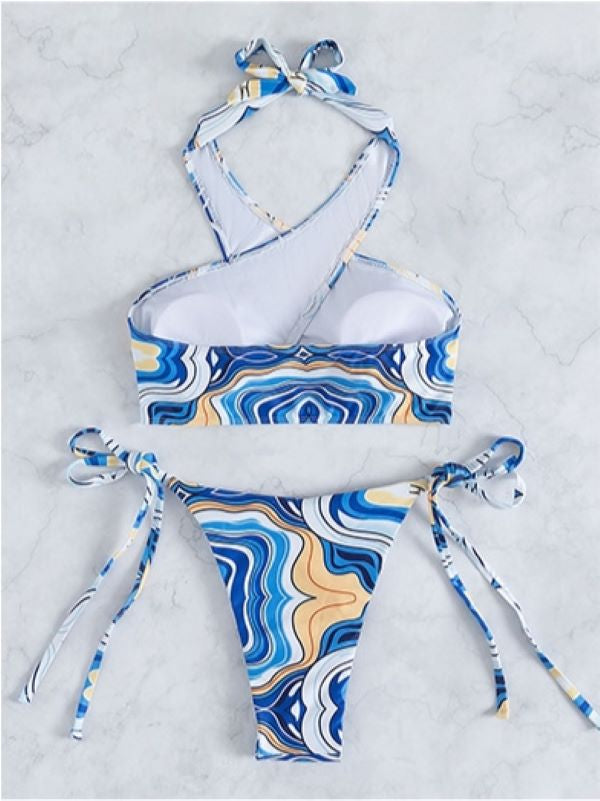 Striped Print Cross Lace-up Bikini Swimsuit