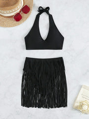 Sexy Solid Color Neckline Fringe Bikini Swimsuit