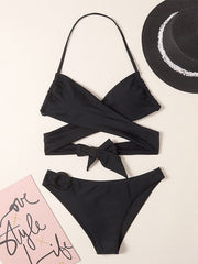 Sexy Solid Color Necktie Bikini Swimsuit