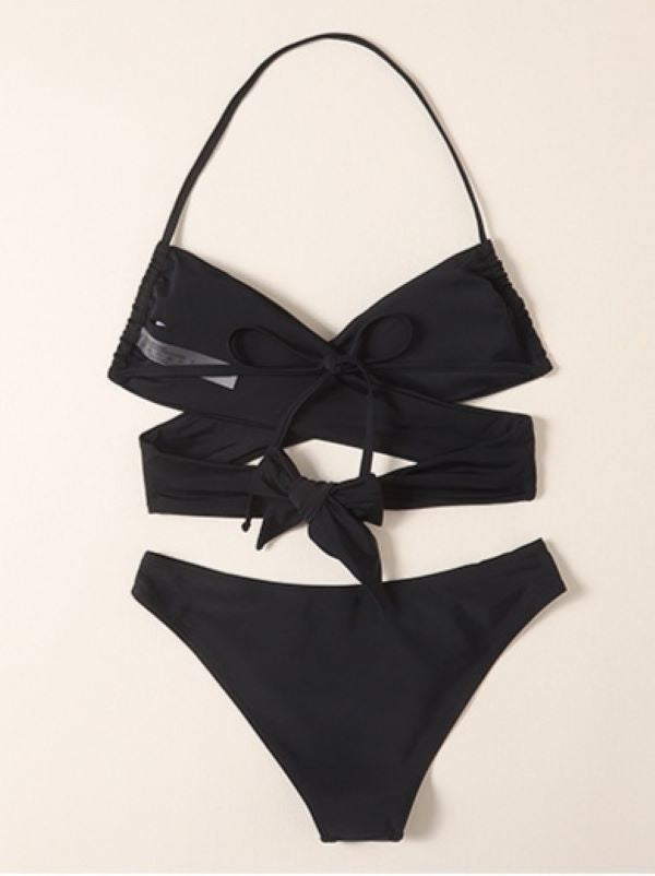 Sexy Solid Color Necktie Bikini Swimsuit