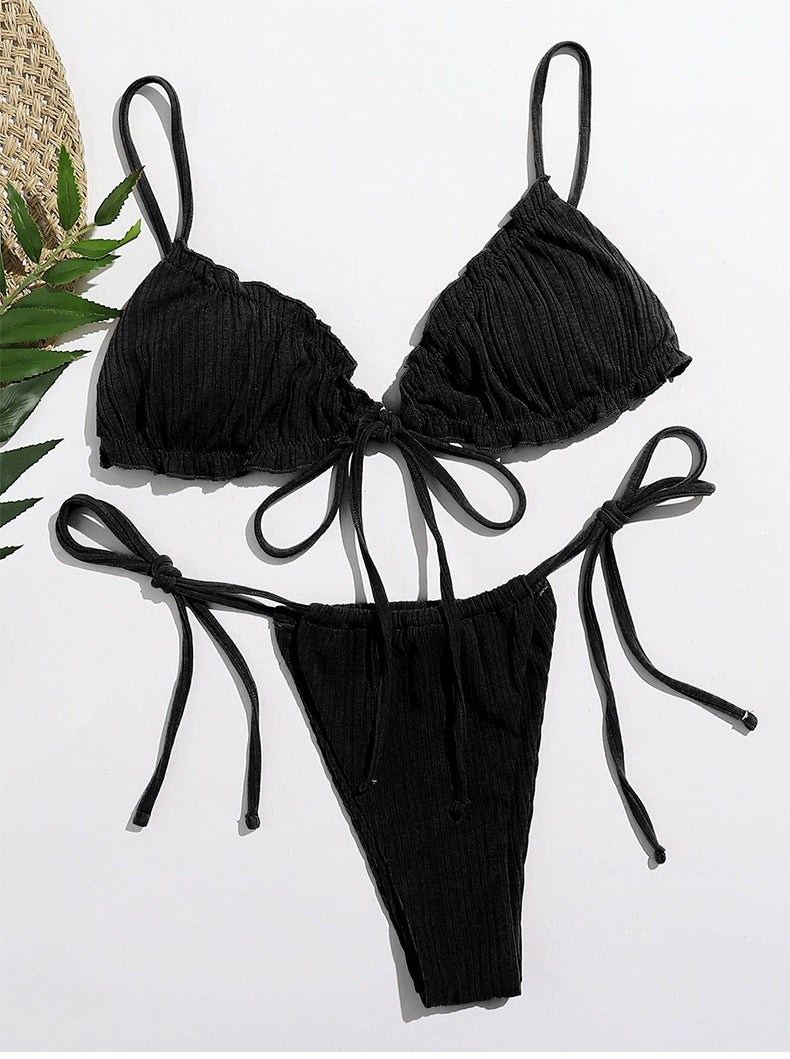 Sexy Solid Color Pleated Lace-up Bikini Swimsuit