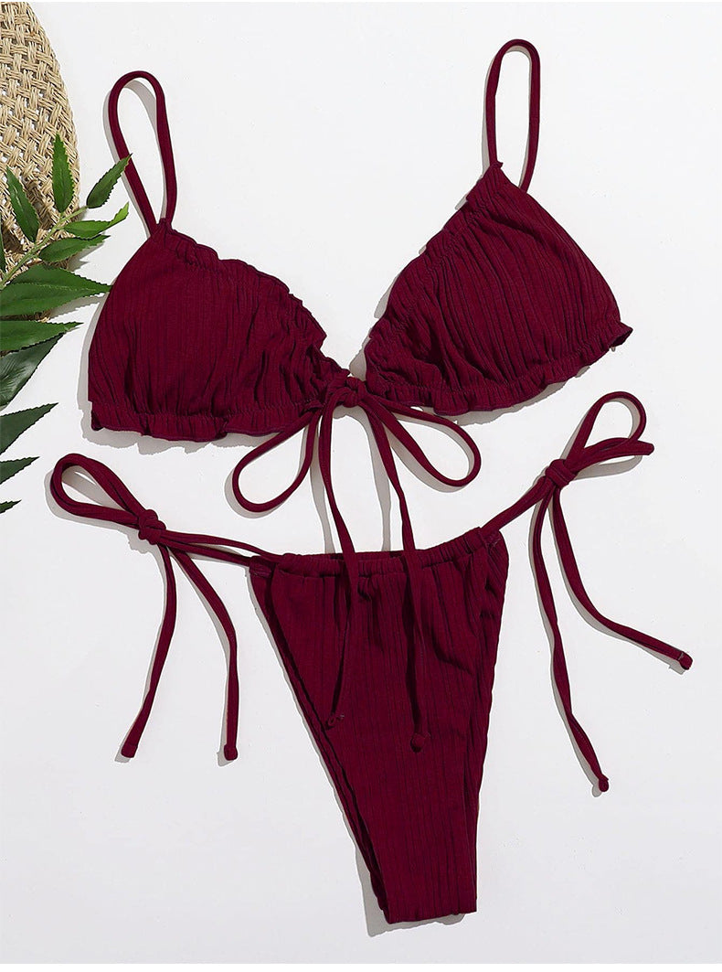 Sexy Solid Color Pleated Lace-up Bikini Swimsuit