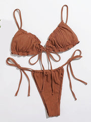 Sexy Solid Color Pleated Lace-up Bikini Swimsuit