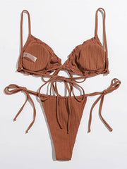 Sexy Solid Color Pleated Lace-up Bikini Swimsuit