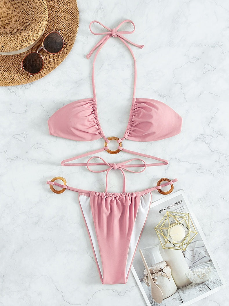 Traje de baño bikini sexy de cintura alta con lazo en color sólido 