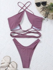 Sexy Solid Color Breastwrap Strappy Bikini Swimsuit